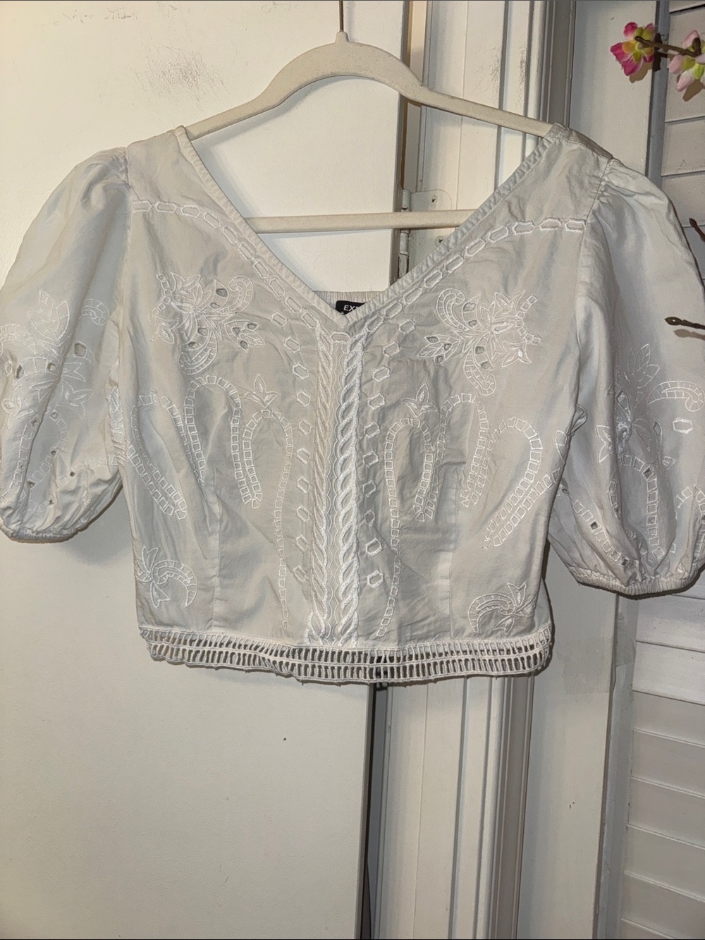 Express White Embroidered V-Neck Puff Sleeve Crop Top